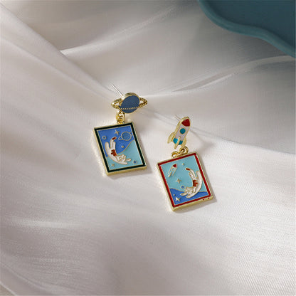 Red Enamel and 18K Gold-Plated Rocket Drop Earrings, gold drop earrings for women, botanical inspired, detail close-up
