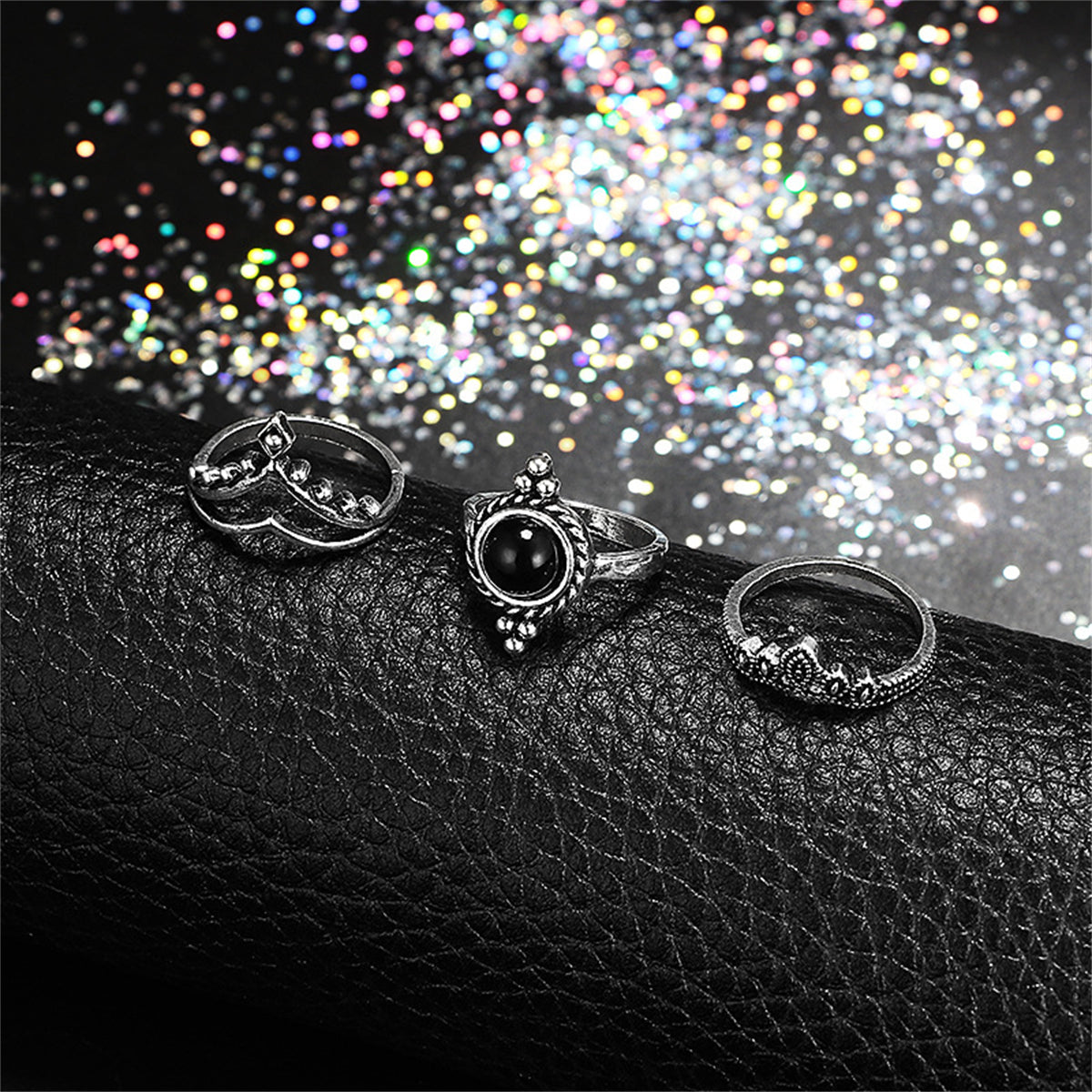 Black Resin & Silver-Plated Lotus Elephant Cross Ring Set