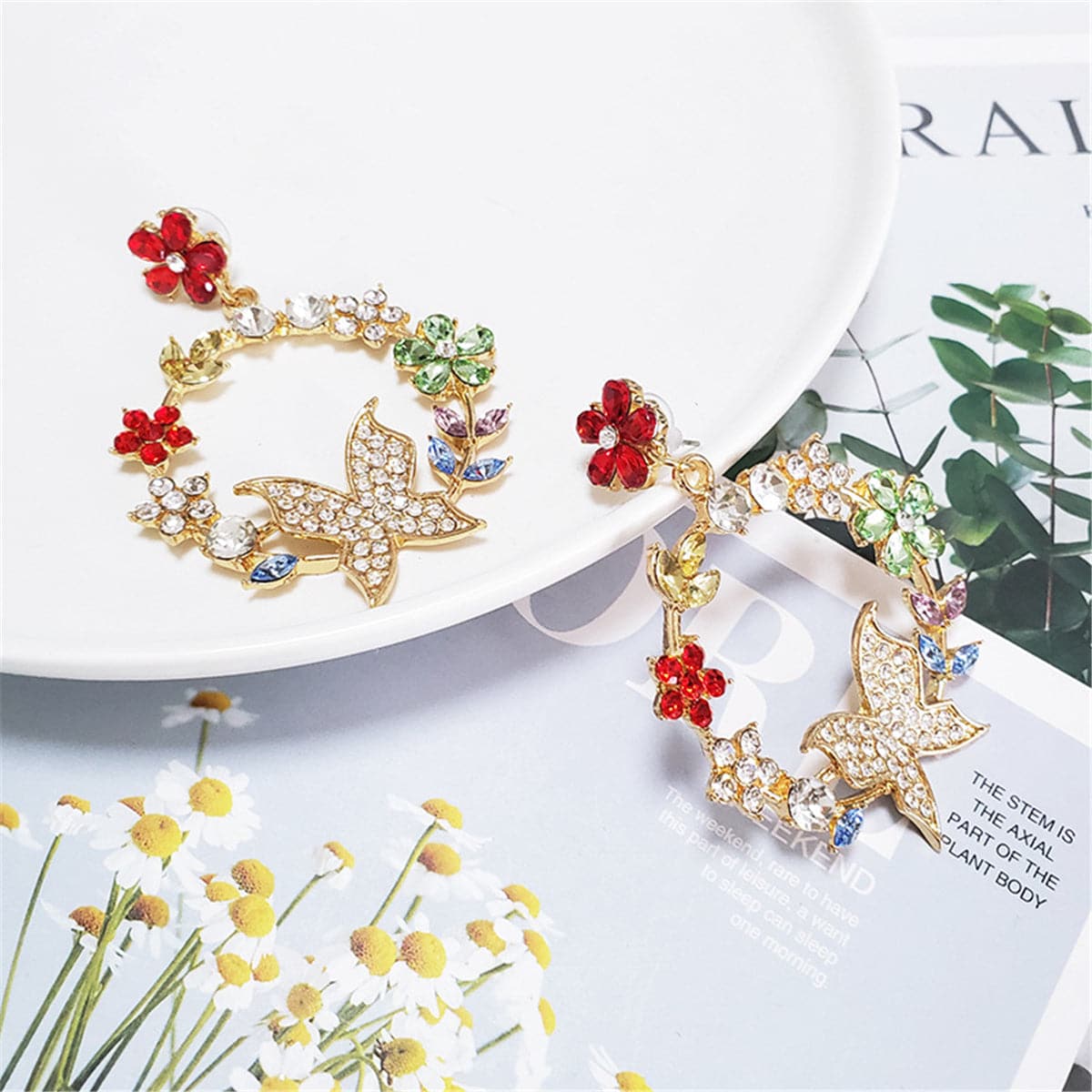 Red Crystal & Cubic Zirconia Floral Butterfly Drop Earrings