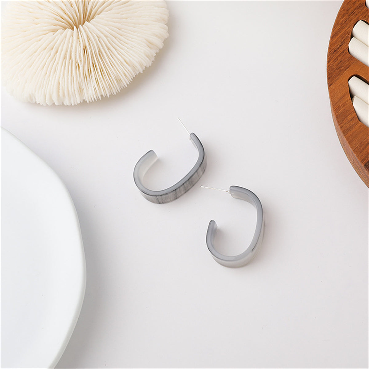 Marble Acrylic and Silver-Plated Huggie Earrings, silver huggie earrings, botanical inspired, lifestyle look