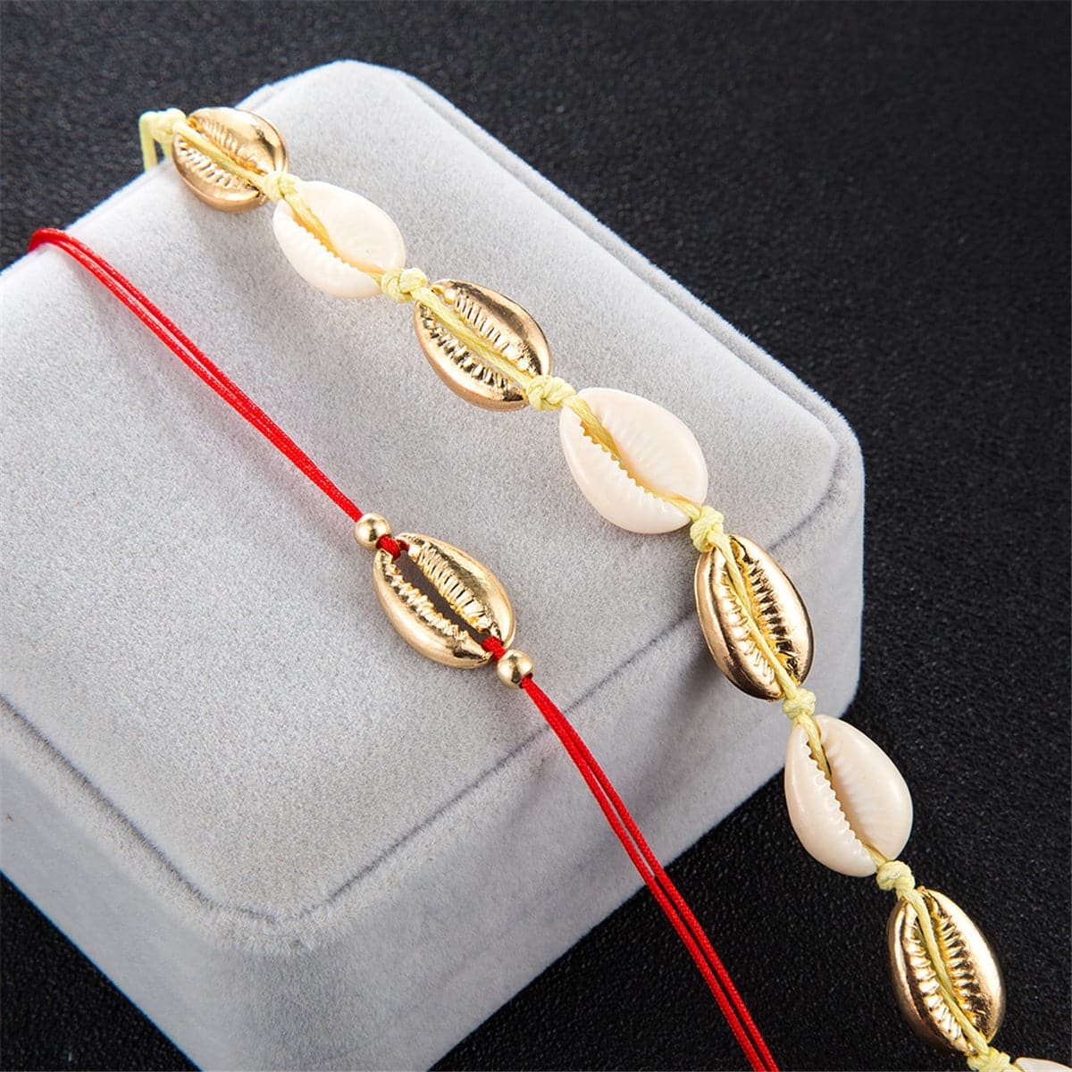 Red & 18K Gold-Plated Seashell Anklet Set