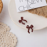 Wine Red Enamel & Pearl Bow Stud Earrings