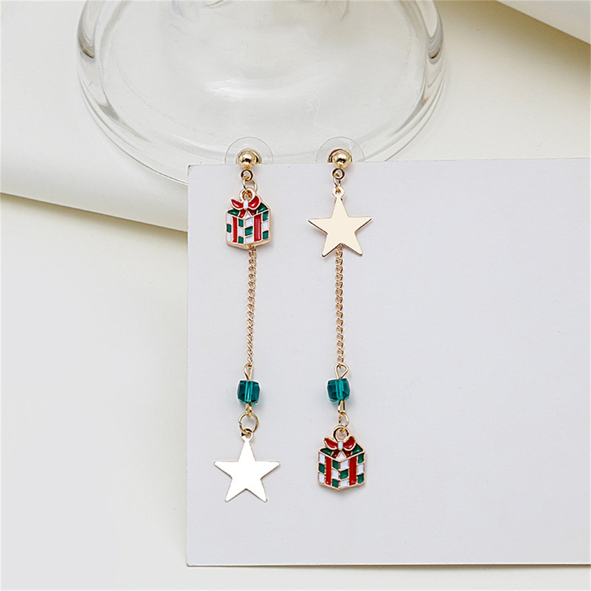 Red Enamel & Acrylic 18K Gold-Plated Star & Gift Box Mismatched Drop Earrings