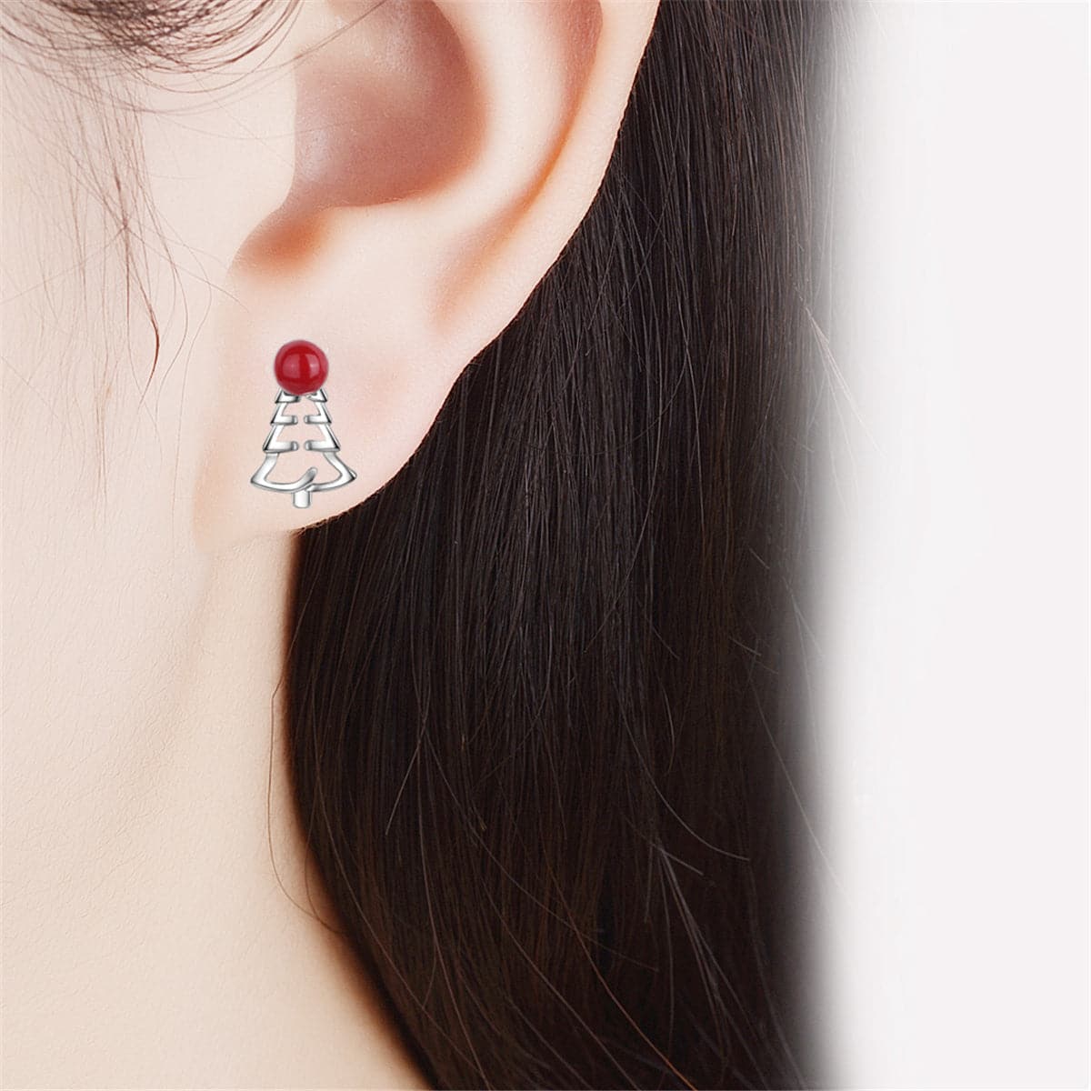 Red Pearl & Silver-Plated Tree Stud Earrings