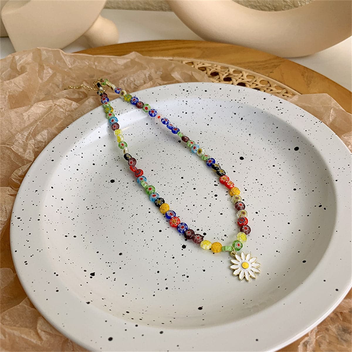 White Enamel & Multicolor Acrylic 18K Gold-Plated Daisy Pendant Beaded Necklace