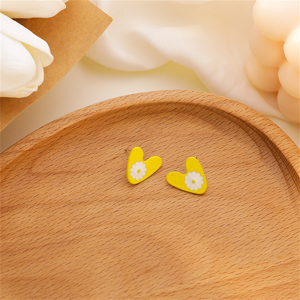 Yellow Enamel and Silver-Plated Heart Daisy Stud Earrings, silver stud earrings for women, elegant gift for her, side view