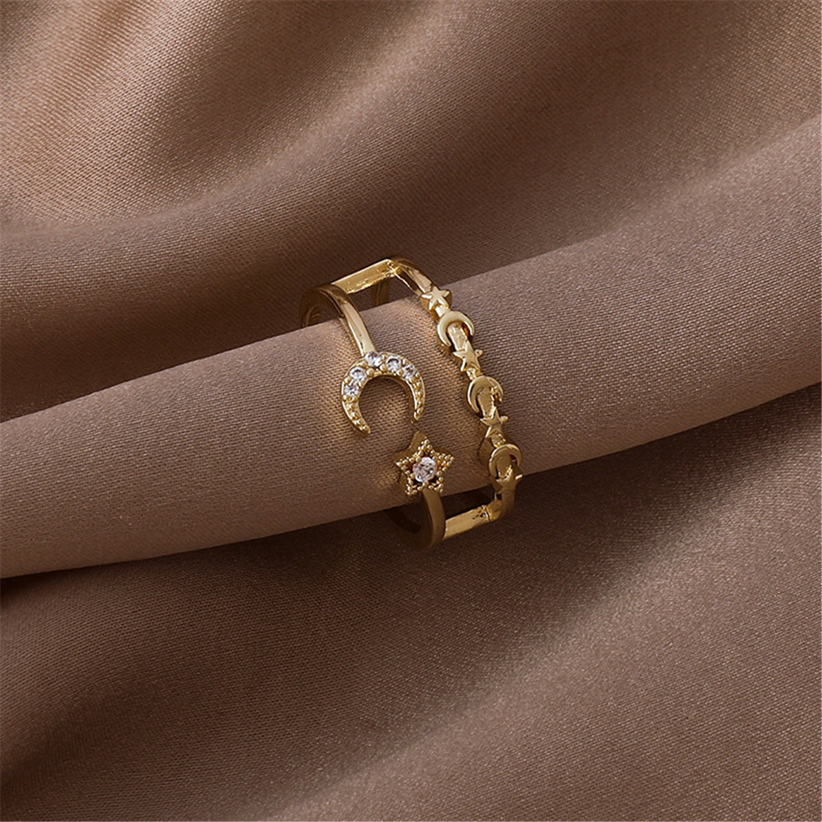Cubic Zirconia and 18K Gold-Plated Celestial Openwork Bypass Ring, gold statement rings for women, styled look