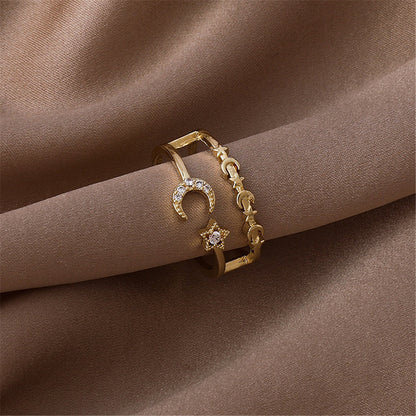 Cubic Zirconia and 18K Gold-Plated Celestial Openwork Bypass Ring, gold statement rings for women, styled look
