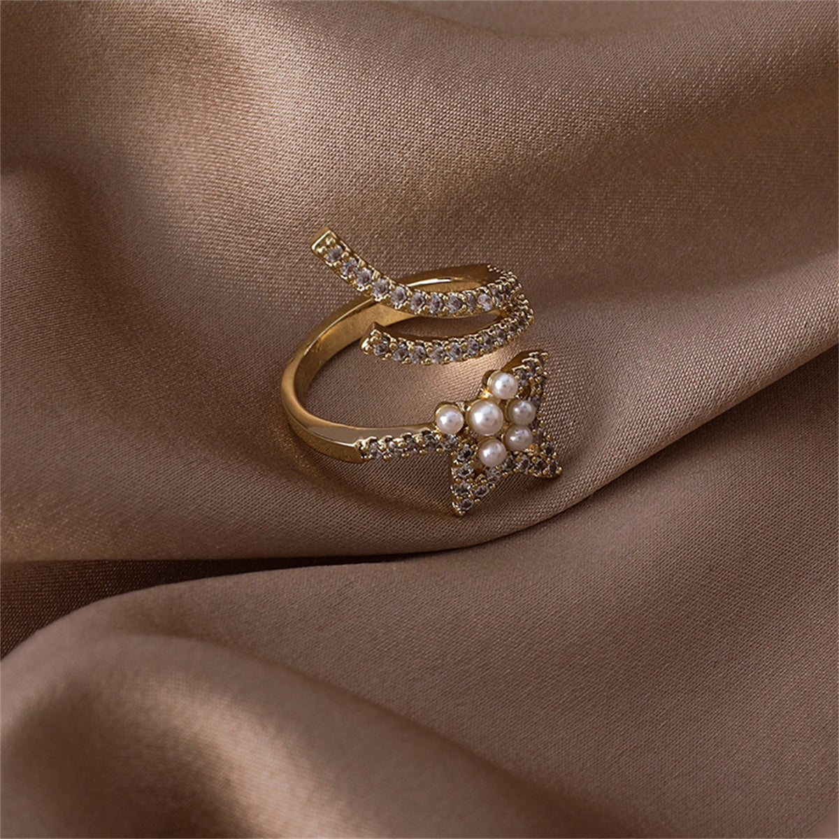 Pearl & Cubic Zirconia 18K Gold-Plated Star Bypass Ring