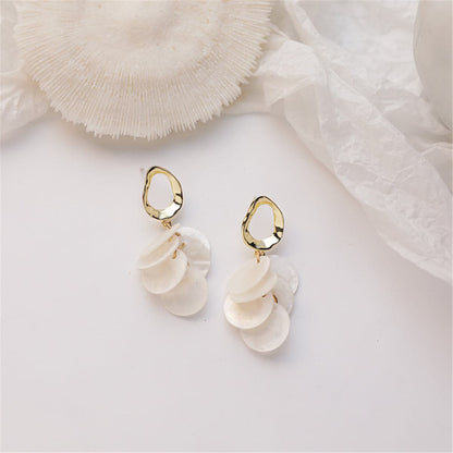 Shell and 18K Gold-Plated Tiered Drop Earrings, gold drop earrings for women, everyday style, front view