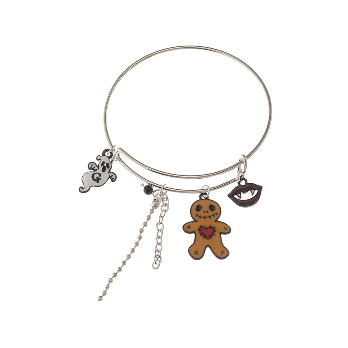 Brown and Silver-Plated Zombie Adjustable Charm Bangle, silver bangle bracelet, dainty minimalist design, detail close-up
