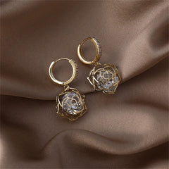 Cubic Zirconia & 18K Gold-Plated Open-Rose Huggie Earring