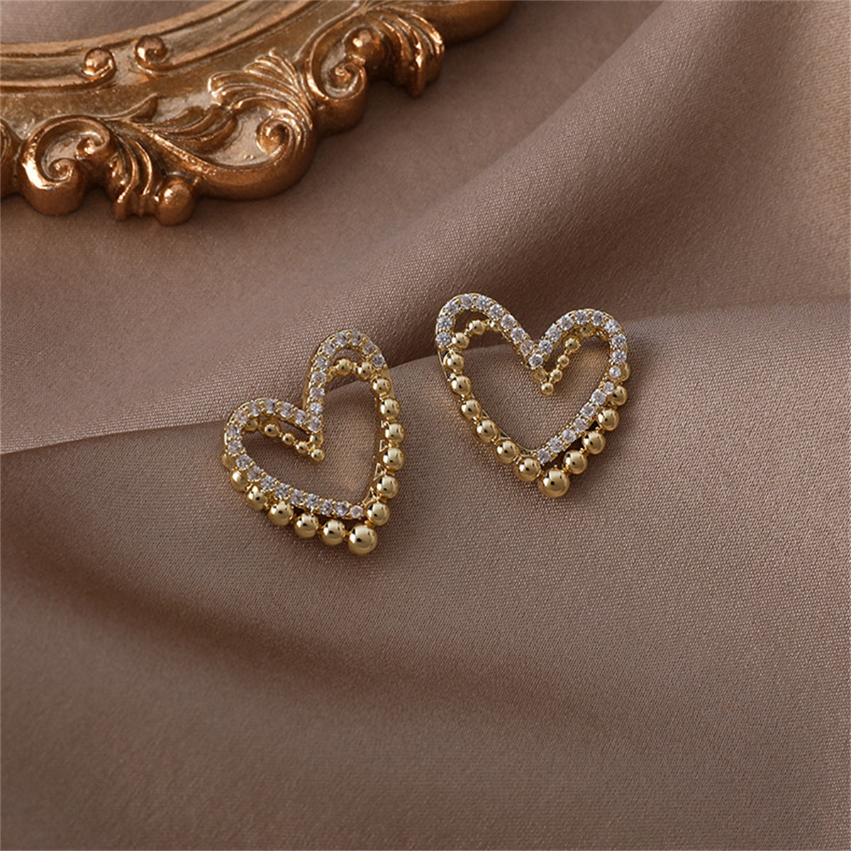 Cubic Zirconia and 18K Gold-Plated Interlocked Openwork Heart Stud Earrings, gold stud earrings for women, styled look