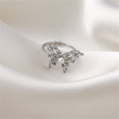 Pearl & Crystal Silver-Plated Butterfly Band Ring