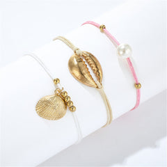Pearl & 18K Gold-Plated Seashell Charm Anklet Set