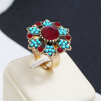 Red Cubic Zirconia & Turquoise Flower Cocktail Ring - streetregion