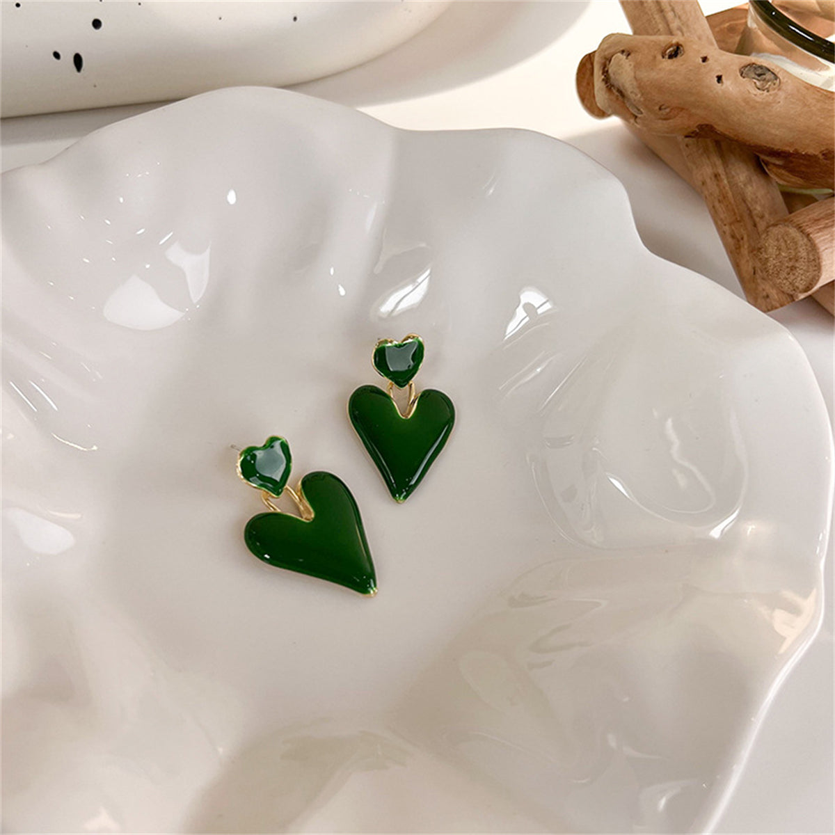 Green Enamel and 18K Gold-Plated Stacked Heart Drop Earrings, gold drop earrings for women, botanical inspired, front view