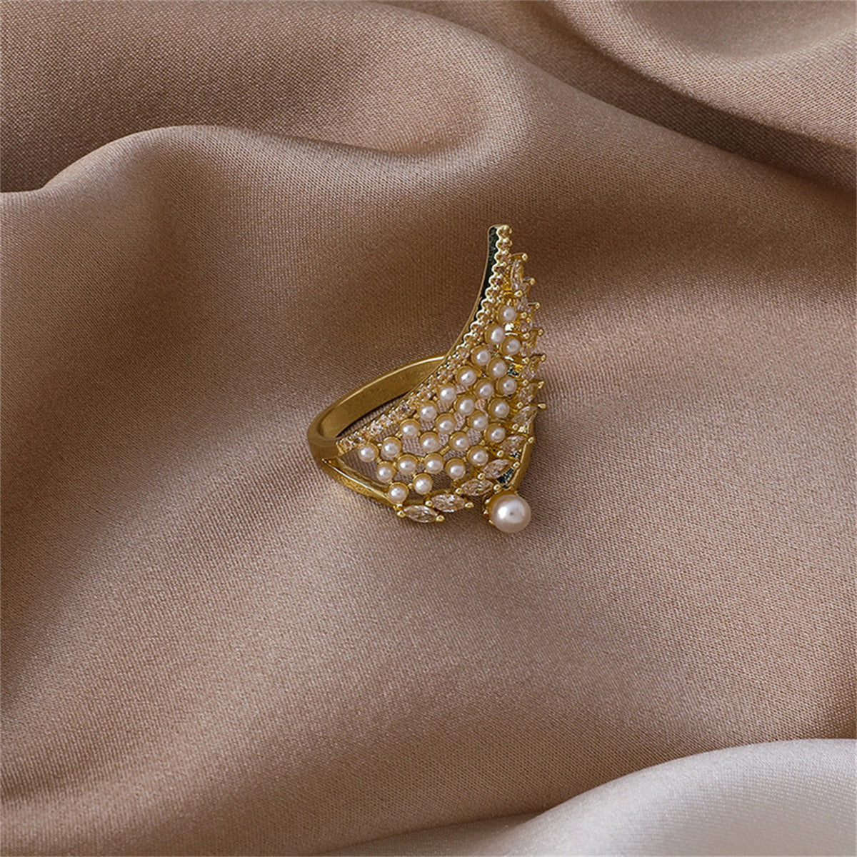 Cubic Zirconia and White Pearl 18K Gold-Plated Wing Bypass Ring, gold statement rings for women, side view