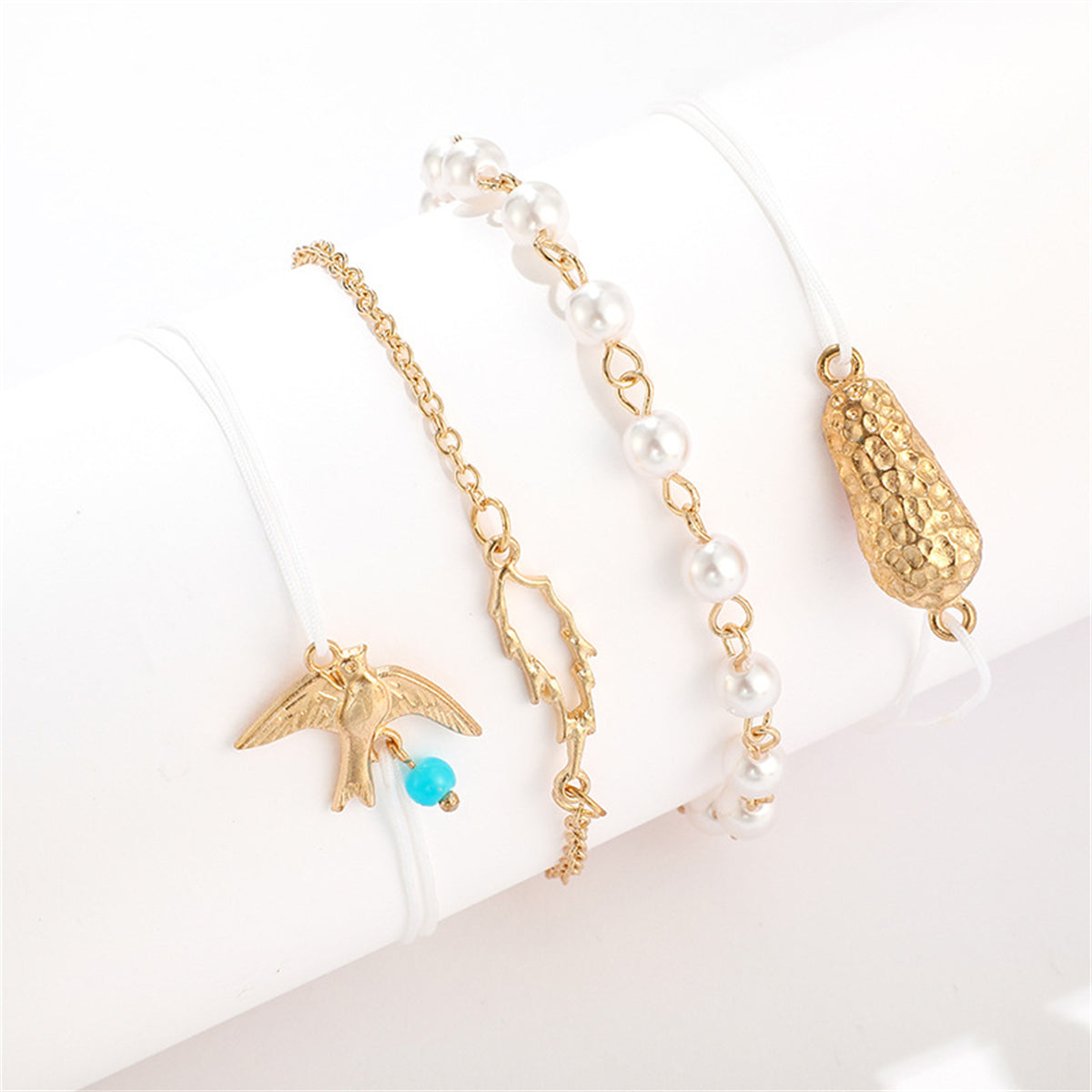 Pearl & Turquoise Bird Charm Anklet Set