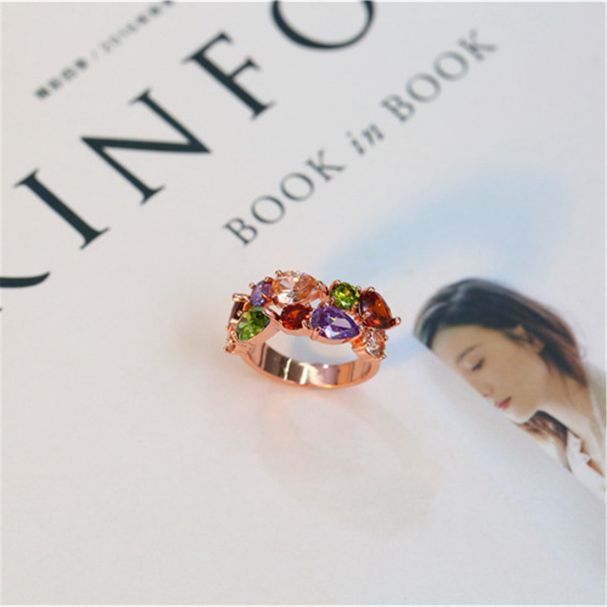 Crystal and 18K Rose Gold-Plated Pear-Cut Cluster Ring, dainty minimalist design, styled look