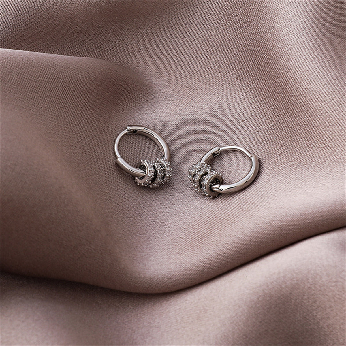 Cubic Zirconia & Silver-Plated Pavé Triple Ring Huggie Earrings
