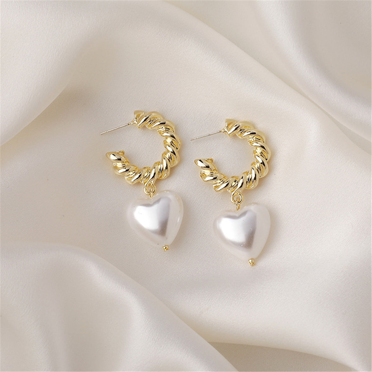 Pearl and 18K Gold-Plated Heart Drop Earrings, gold drop earrings for women, botanical inspired, styled look