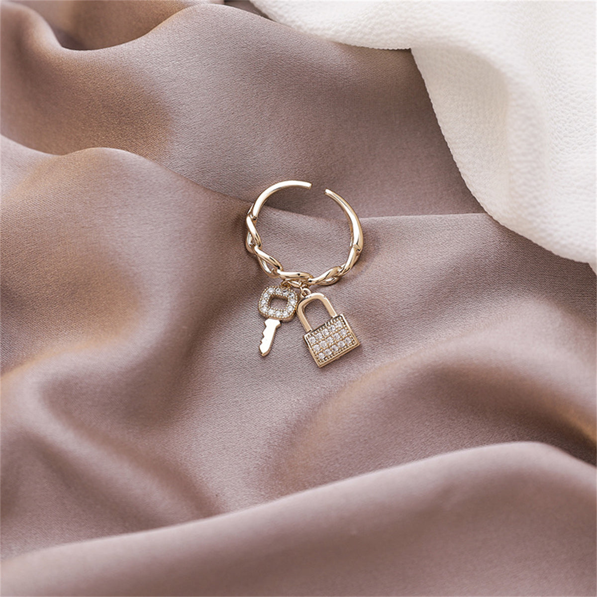 Cubic Zirconia & 18K Gold-Plated Key & Lock Charm Open Ring