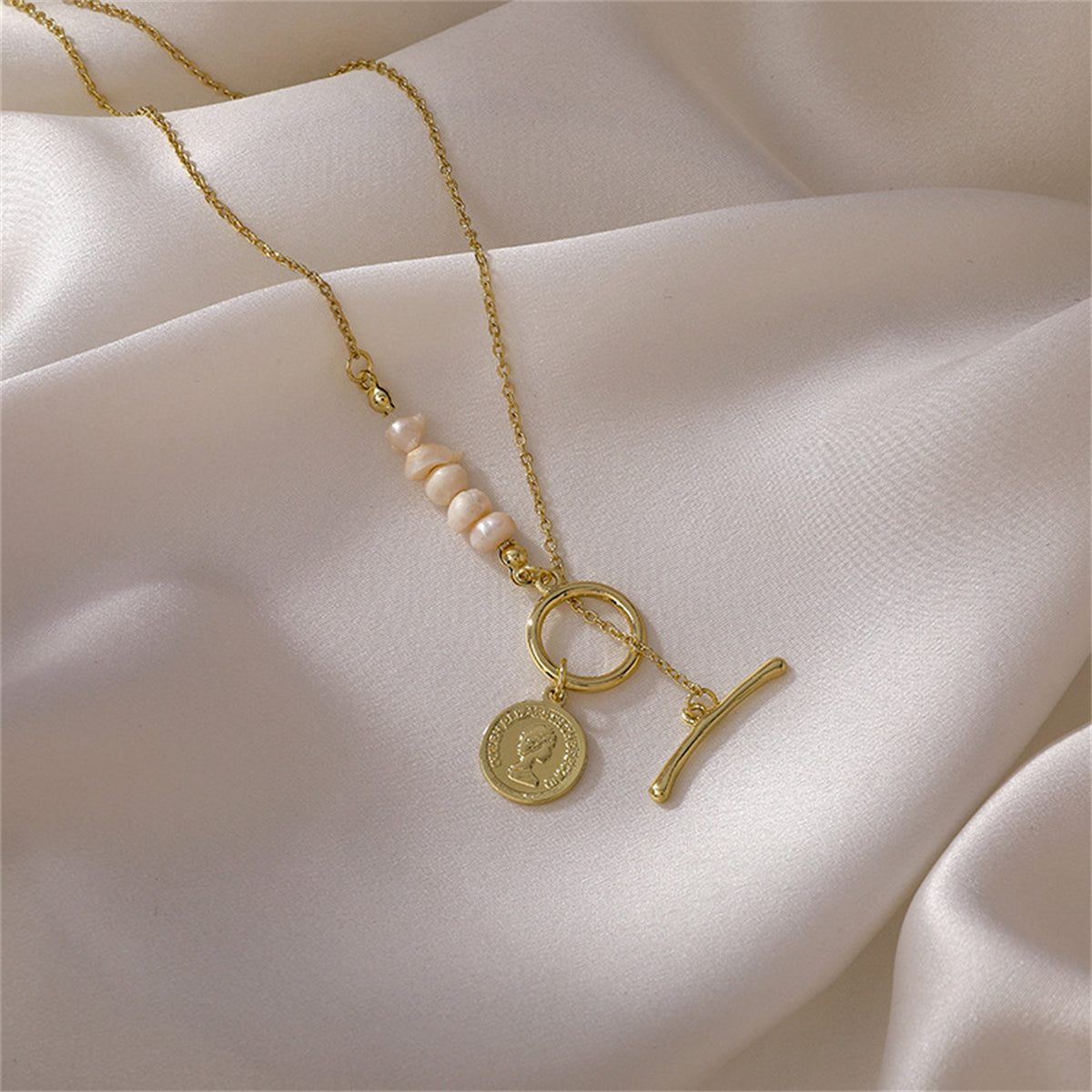 Pearl & 18K Gold-Plated Asymmetrical Coin Toggle Pendant Necklace