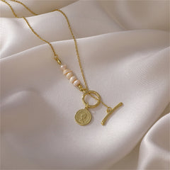 Pearl & 18K Gold-Plated Asymmetrical Coin Toggle Pendant Necklace