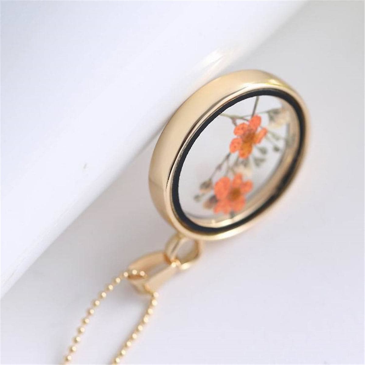 Orange Pressed Peach Blossom & 18K Gold-Plated Round Pendant Necklace