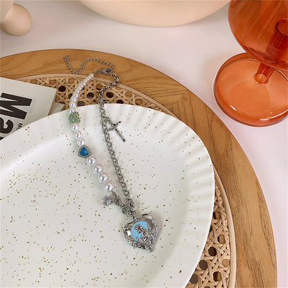 Pearl & Cubic Zirconia Heart Crucifix Pendant Necklace