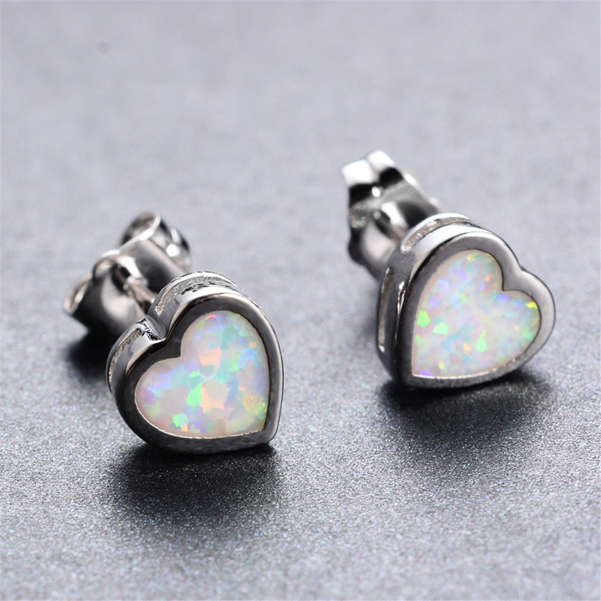 White Opal Bezel-Set Heart Stud Earrings