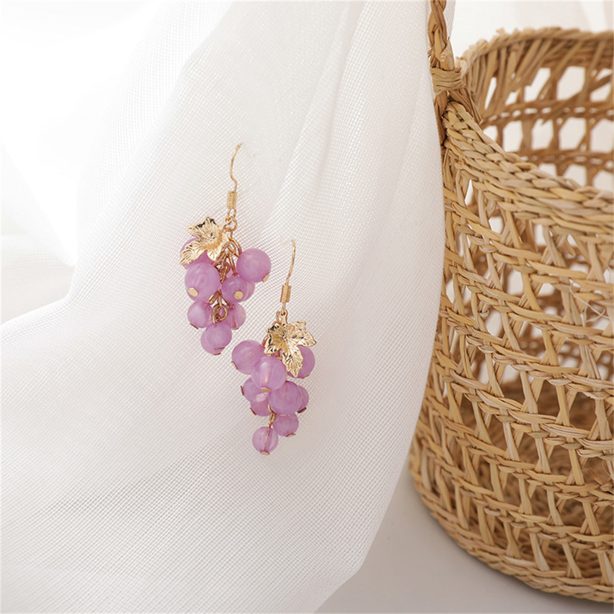 Purple Acrylic and 18K Gold-Plated Grape Drop Earrings, gold drop earrings for women, dainty minimalist design, side view
