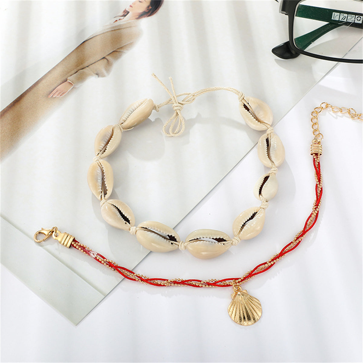 Red Polyster & 18K Gold-Plated Shell-Charm & Scallop Anklet Set