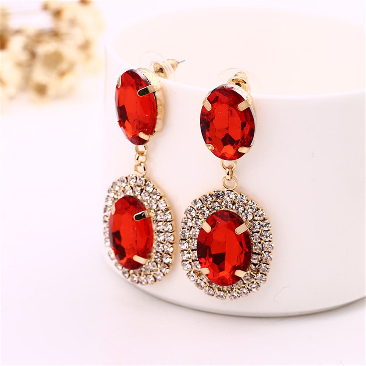 Red Crystal & Cubic Zirconia Oval Tiered Drop Earrings