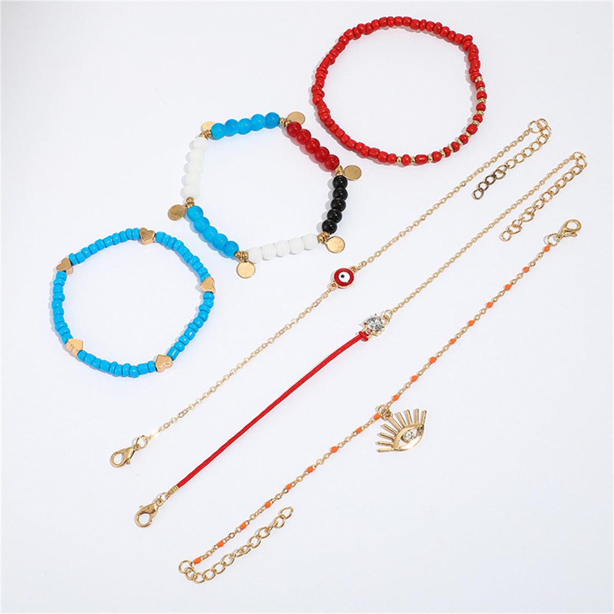 Red and Blue Beaded Evil Eye Anklet Set, jewelry gift sets for women, botanical inspired, lifestyle look