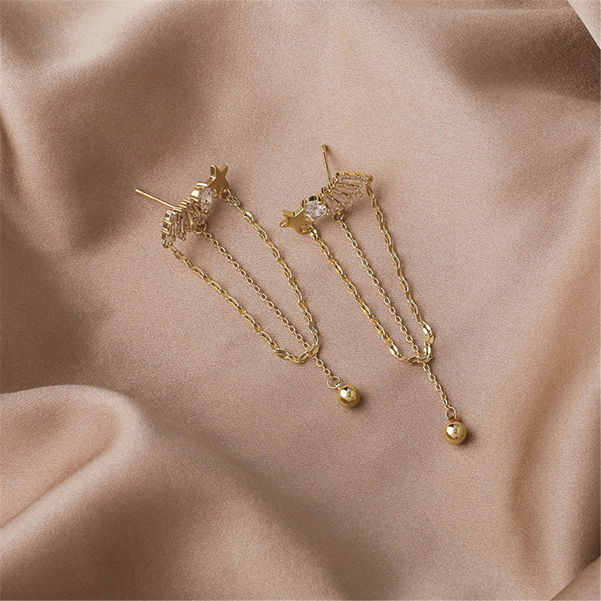 Cubic Zirconia and 18K Gold-Plated Star Chain Chandelier Drop Earrings, gold drop earrings for women, lifestyle look