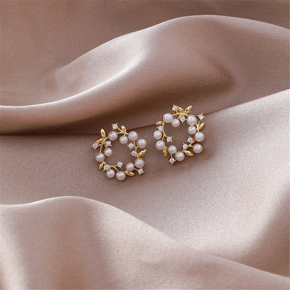 Pearl and Cubic Zirconia Botanical Wreath Stud Earrings, stud earrings for women, dainty minimalist design, lifestyle look