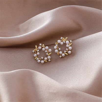 Pearl and Cubic Zirconia Botanical Wreath Stud Earrings, stud earrings for women, dainty minimalist design, lifestyle look