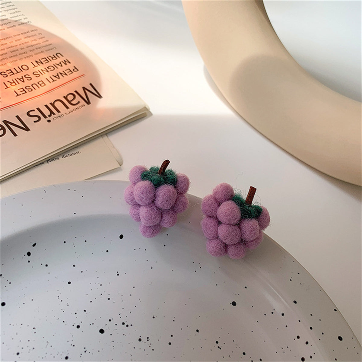 Purple & Green Wool Fuzzy Grape Bunch Stud Earrings