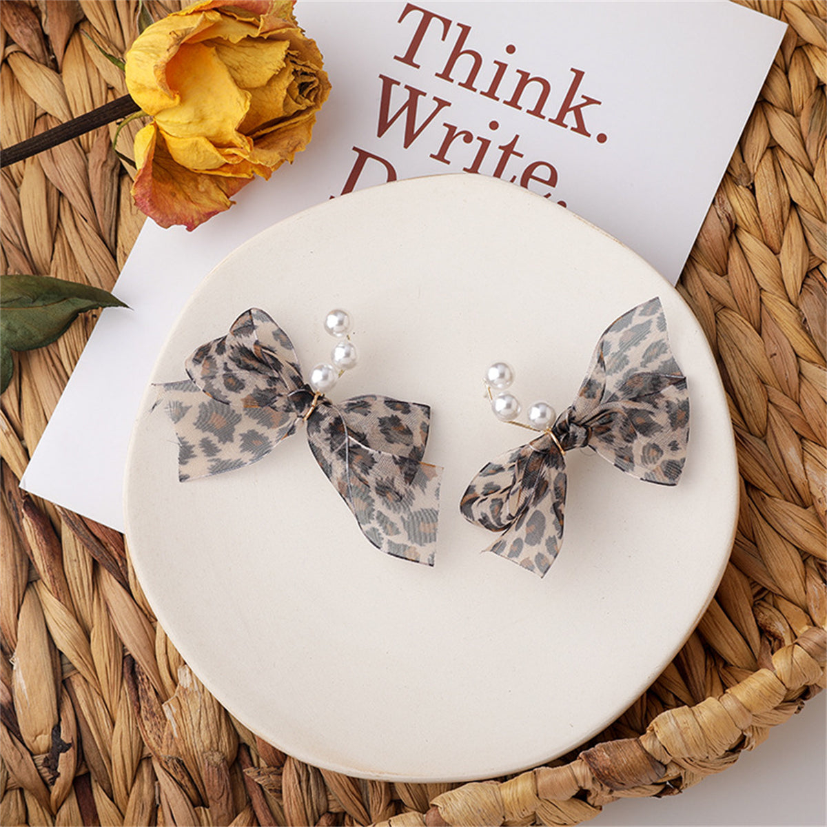Pearl and Silk Leopard Print Bow Drop Earrings, drop earrings for women, everyday style, side view