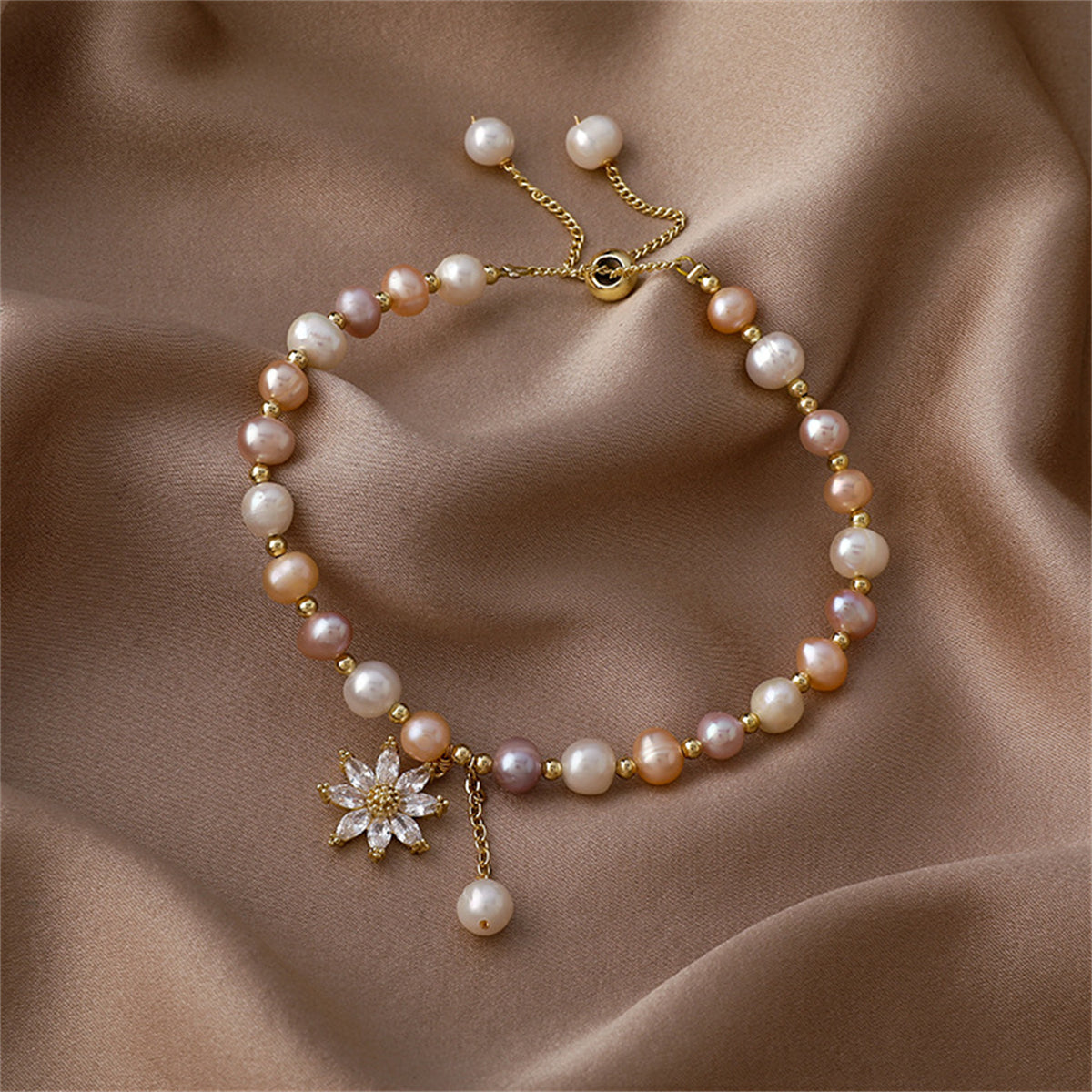 Pink Pearl & Cubic Zirconia Floral Adjustable Charm Bracelet