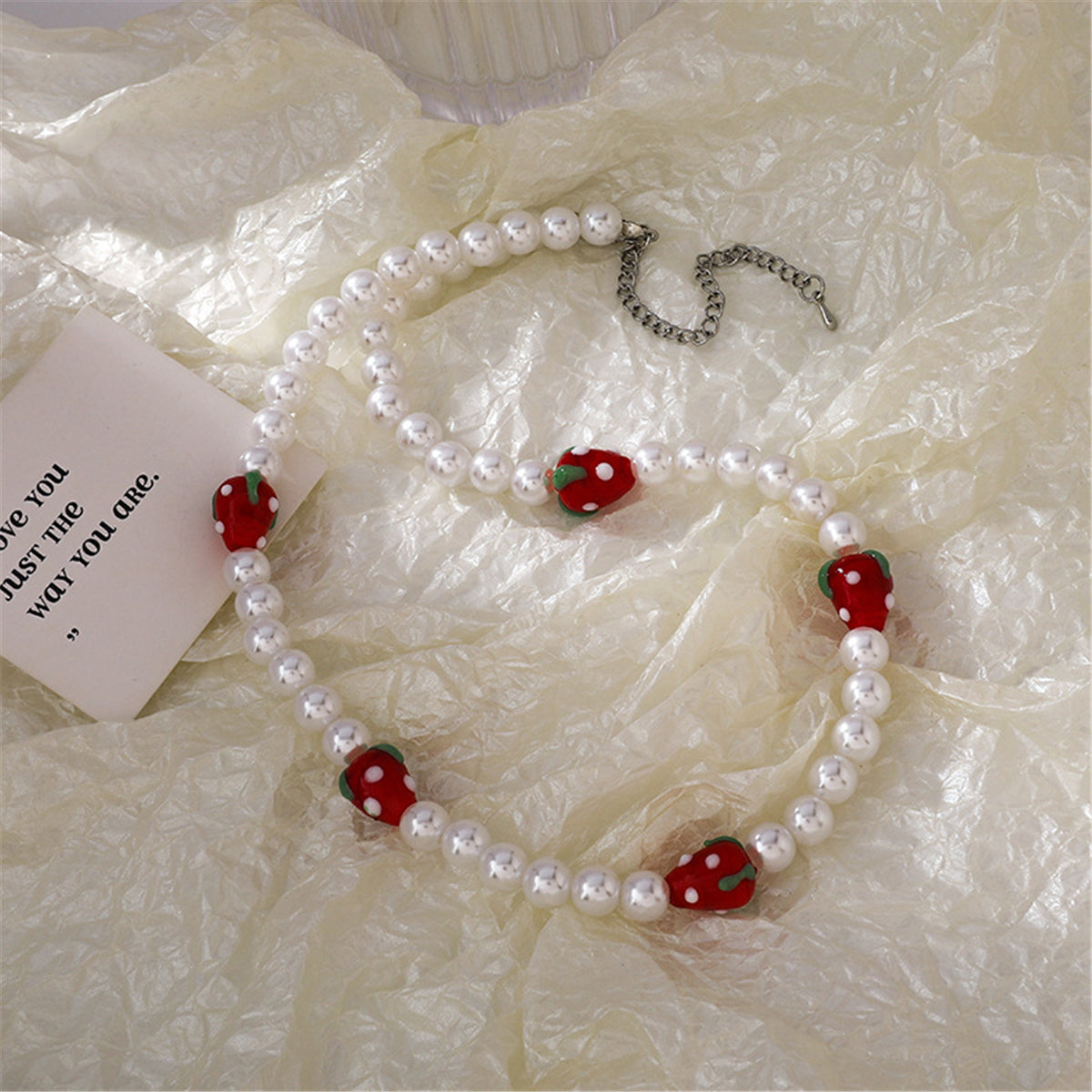 Pearl and Resin Silver-Plated Strawberry Station Necklace, silver pendant necklace for women, detail close-up