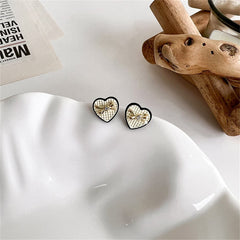 Cubic Zirconia & Beige Enamel Bow Heart Stud Earrings