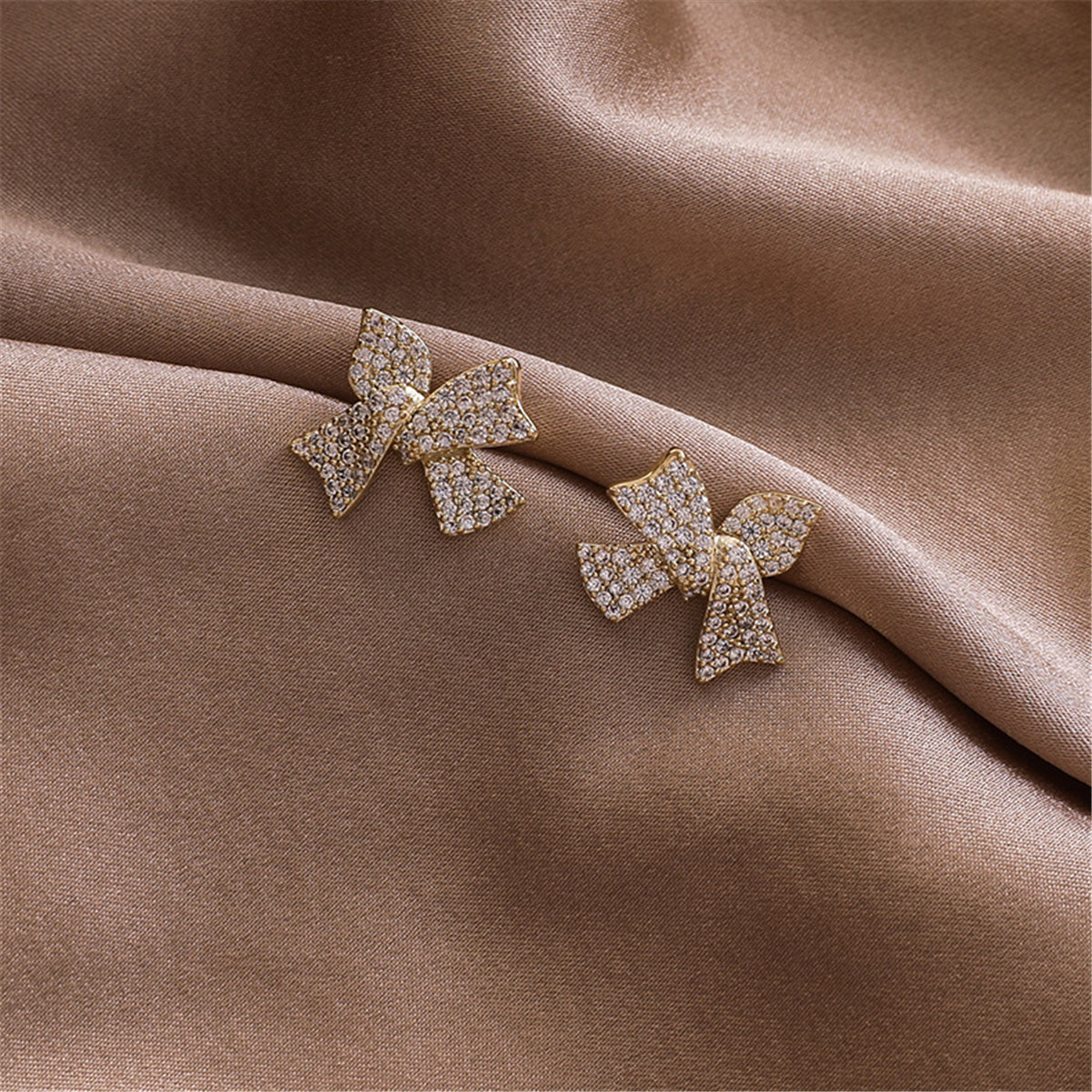 Cubic Zirconia and 18K Gold-Plated Bow Stud Earrings, gold stud earrings for women, elegant gift for her, styled look