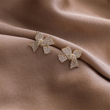 Cubic Zirconia and 18K Gold-Plated Bow Stud Earrings, gold stud earrings for women, elegant gift for her, styled look