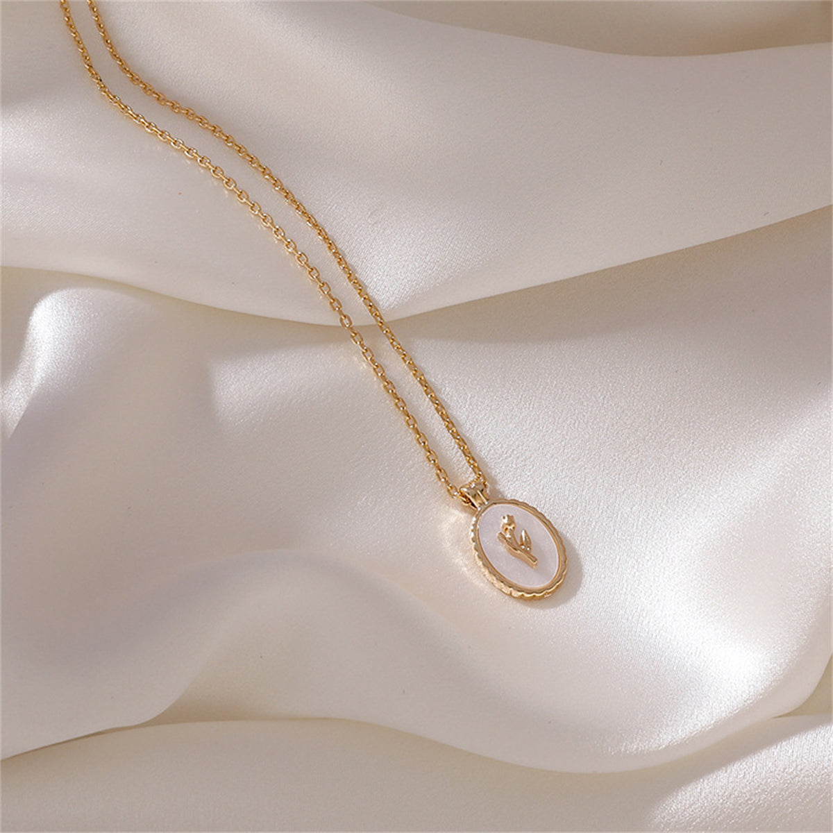 Shell and 18K Gold-Plated Rose Oval Pendant Necklace, gold pendant necklace for women, elegant gift for her, front view