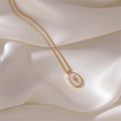Shell and 18K Gold-Plated Rose Oval Pendant Necklace, gold pendant necklace for women, elegant gift for her, front view