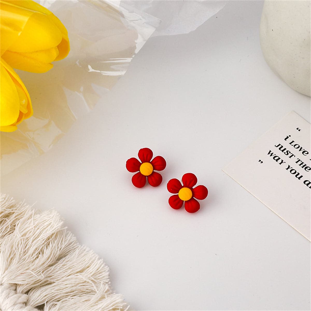 Red Enamel and Silver-Plated Flower Stud Earrings, silver stud earrings for women, botanical inspired, side view
