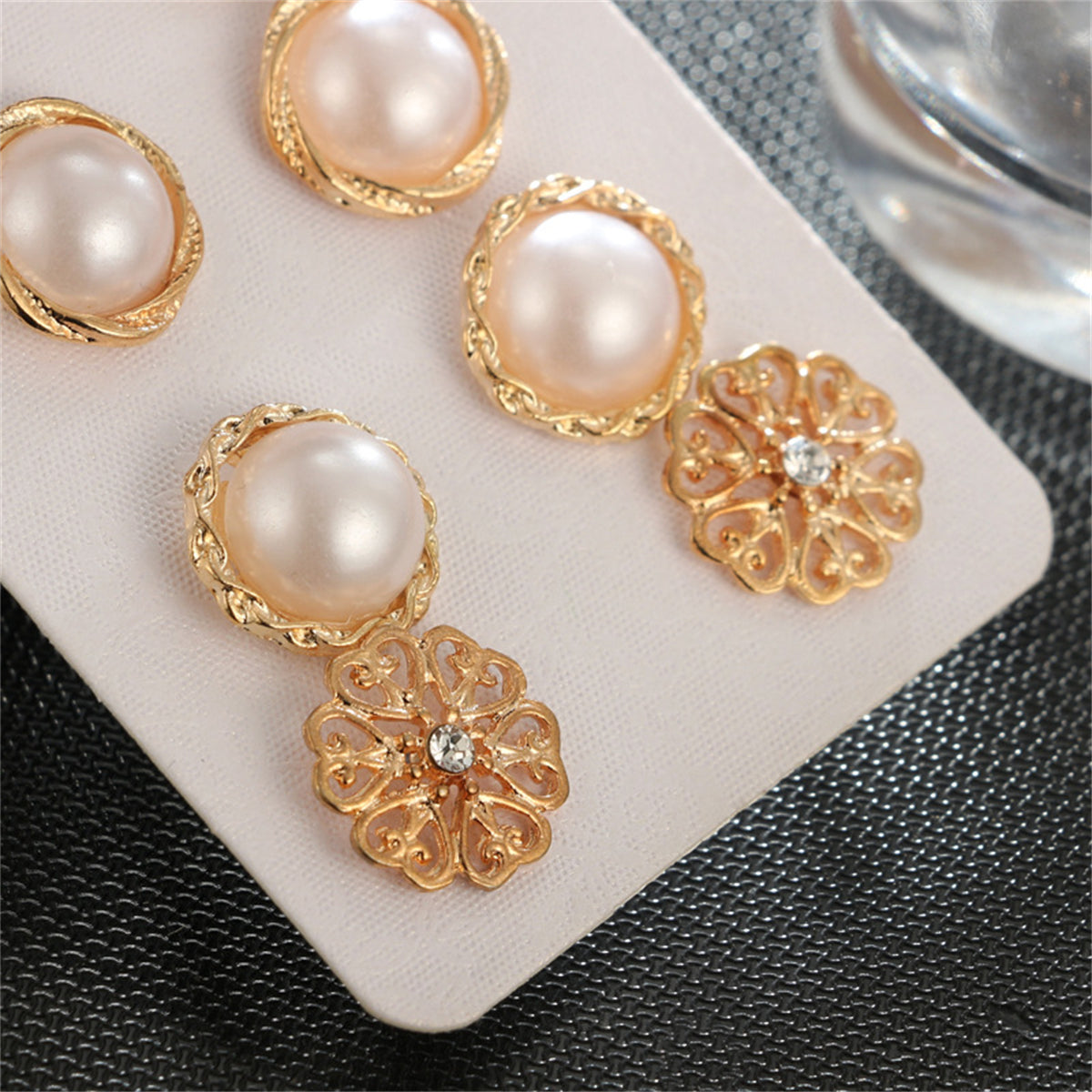 Pearl & Cubic Zirconia Floral Round Stud Earrings Set